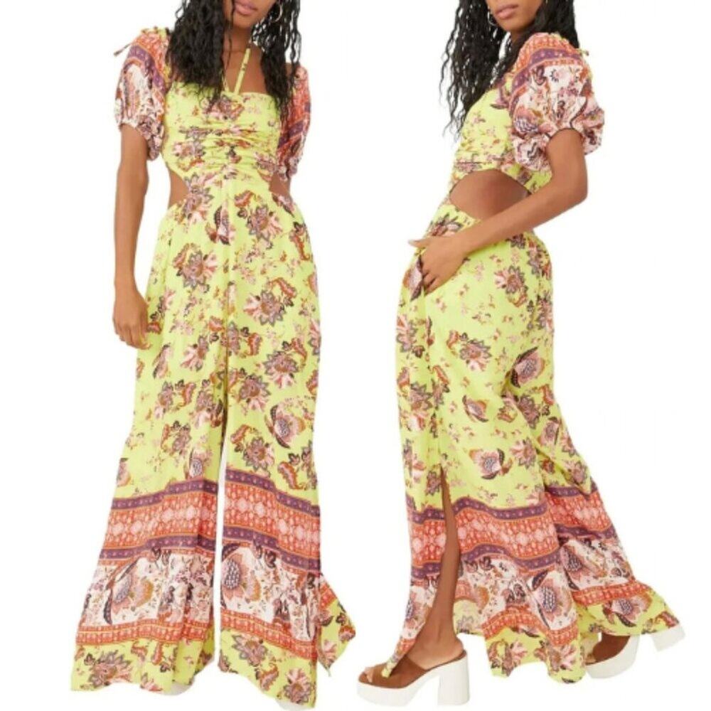 NWT Free People Women's Bali Citrus Skies Cut Out Back Jumpsuit Size Large